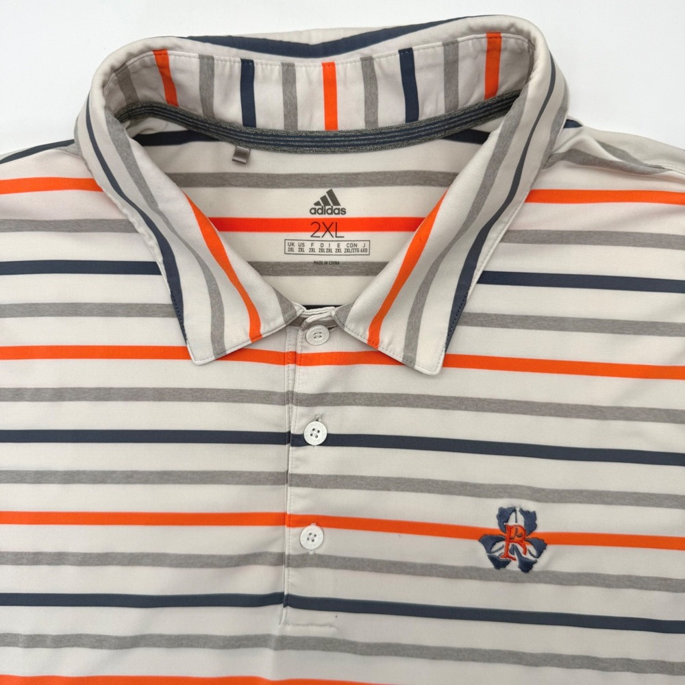 Adidas Polo Shirt Men 2XL White Orange Striped Golf Performance‎ Short Sleeve